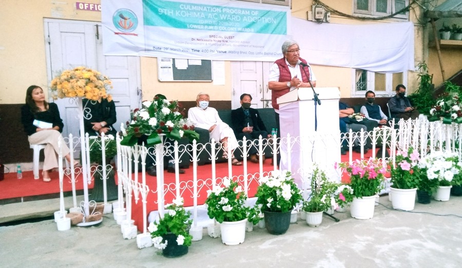 Dr Neikiesalie (Nicky) Kire addressing the culmination programme of 9th Kohima Town A/C Ward Adoption for Lower PWD Colony Ward- II, Kohima on March 29. (Morung Photo)